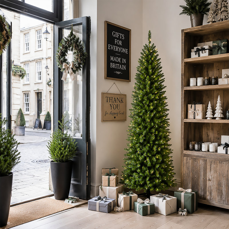 Pre-Lit Pencil Christmas Tree, 4.5-9ft Prelit Noble Fir Slim Artificial Tree with [100/150/200/250/300/450] Warm White LED Lights, [350/455/655/755/855/1,255] PVC Branch Tips, Perfect for Small Spaces & Corner Decor, Foldable Metal Stand