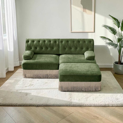 Causeuse modulaire en velours l 76,6 po avec 1 repose-pieds, conception capitonnée, jupe à franges