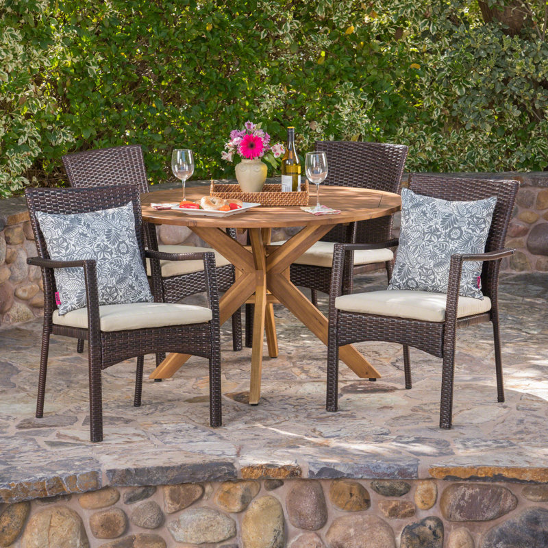 Towler 4 - Person Acacia Wicker Patio Dining Set with Round Table , Cushions Included, Brown