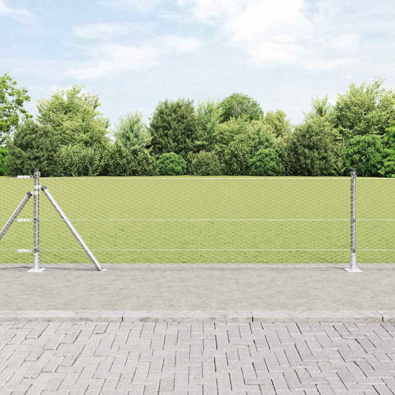 Vidaxl Fence With Posts PVC-Coated Steel, Silver, 50cm H x 2500cm W x 3.2cm D