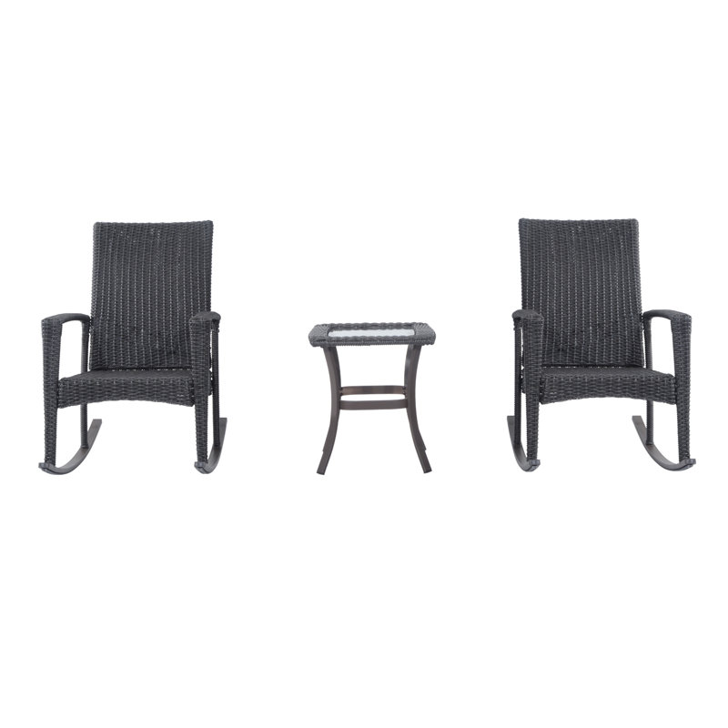 3 Pieces Rocking Chair Table Set Wicker Bistro Set with Coffee Table, Grey