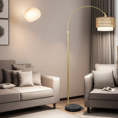 Lampe sur pied dorée, télécommande et interrupteur au pied avec 3 températures de couleur, intensité variable, hauteur réglable, base en marbre, abat-jour en rotin, éclairage intelligent, brun et vert