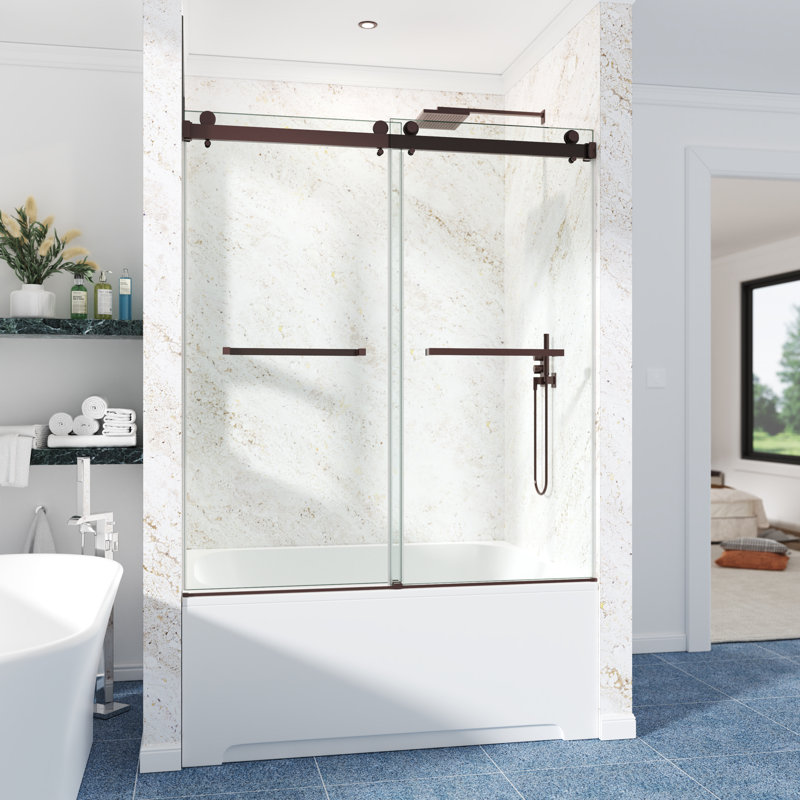 Porte de douche coulissante double l 54 po x H 60 po, Bronze frotté à l'huile