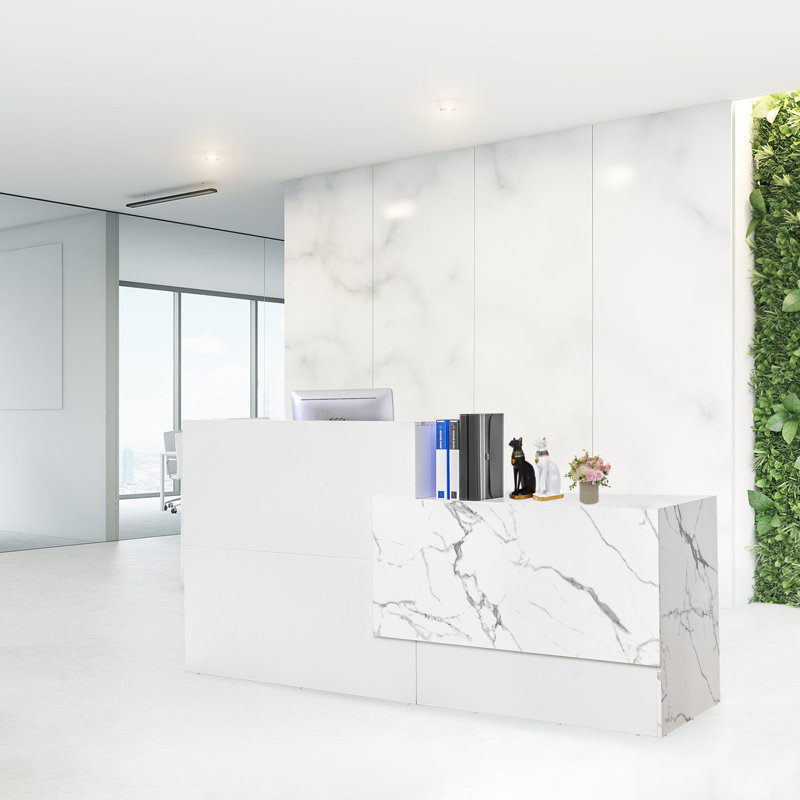 Bureau de réception moderne 86,8 po avec motif en marbre, tiroir verrouillable et plateau à clavier - Réception spacieuse pour le bureau, l'hôtel, le restaurant et la salle de réunion