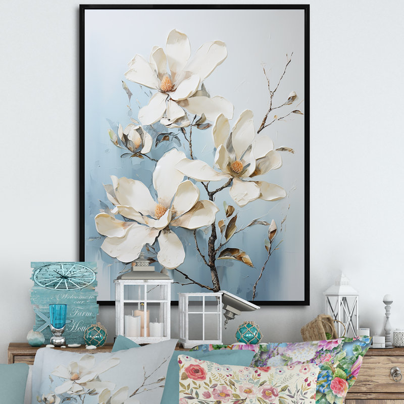 «Magnolias Blossom III» blanc et bleu sur toile, Cadre flottant noir, H 40 po x l 30 po x P 1,5 po