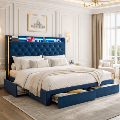 49.2" Tall King Size Bed Frame With 4 Storage Drawers, Velvet Upholstered Platform Bed With Wingback Storage Headboard, Led Lights & Charging Station, No Box Spring Needed, Noise Free, Dark Blue