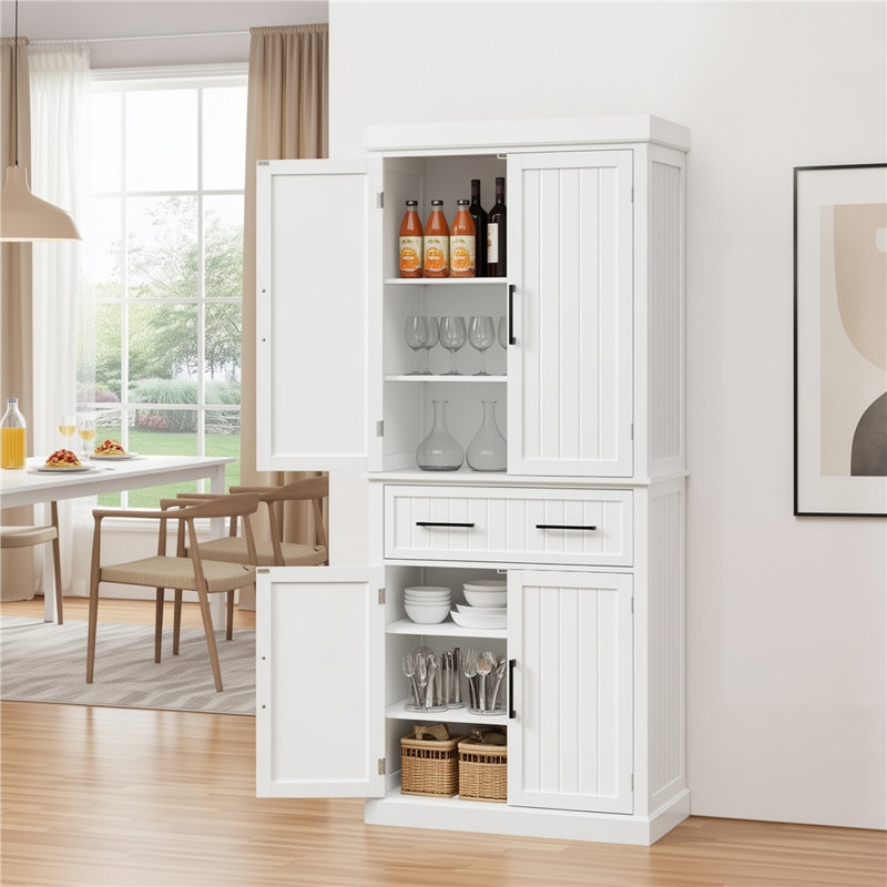 Annalynne 72.5″ H Kitchen Pantry Cabinet with Doors, a Drawer and Adjustable Shelves, White