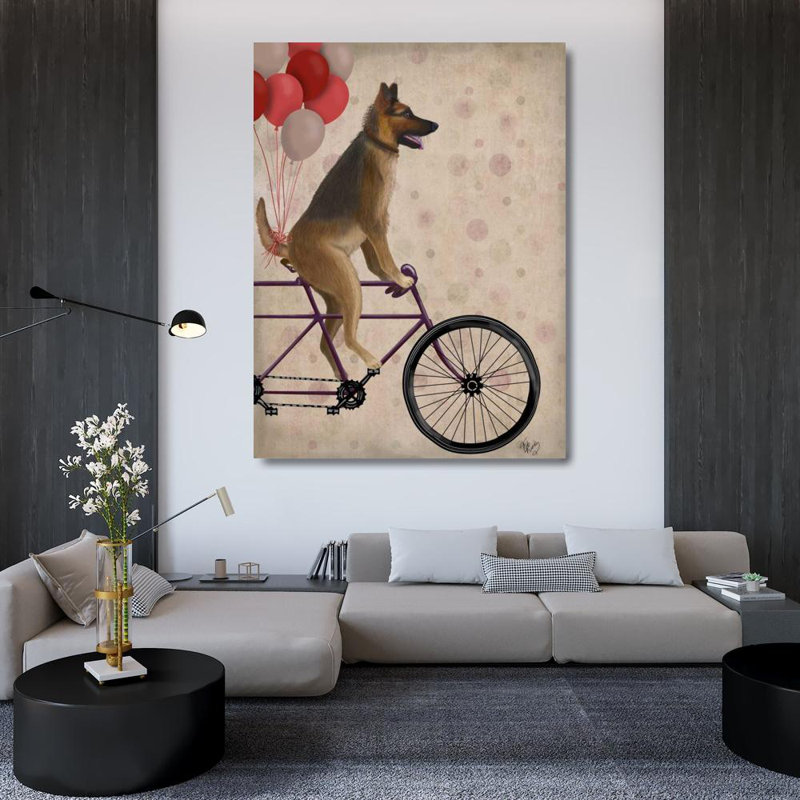 Art sur toile tendue Astoria Grand Fab, titre: berger allemand à bicyclette, H 47 po x l 36 po