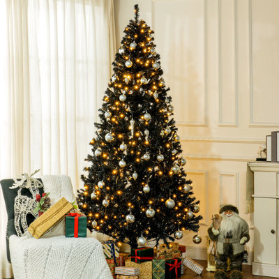 Arbre de Noël 500 à DEL blanc chaud, 7,5 pieds de haut, 1346 pointes de branches, arbre à thème noir de 7,5 pi de hauteur avec