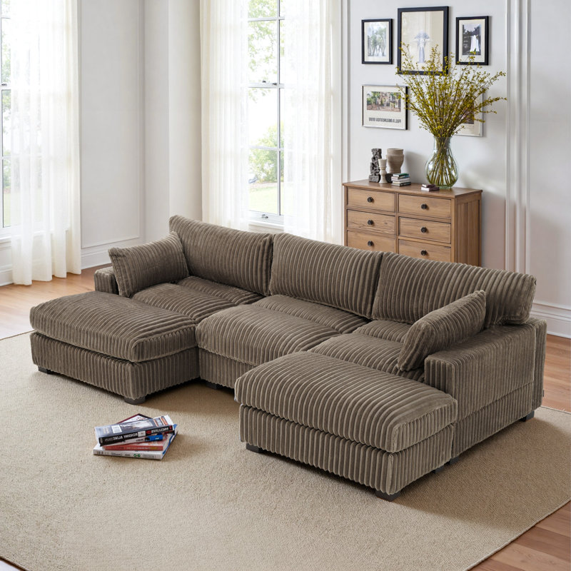 4 - Piece Upholstered Light Brown Faux Rabbit Fur Flannel Reversible Modular Sofa Living Room Sectional Couch with Ottoman