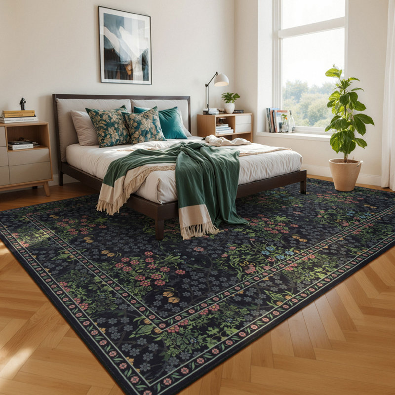 9'X12' Floral Black Green Distressed Retro Washable Rug, Rectangle 9' x 12'