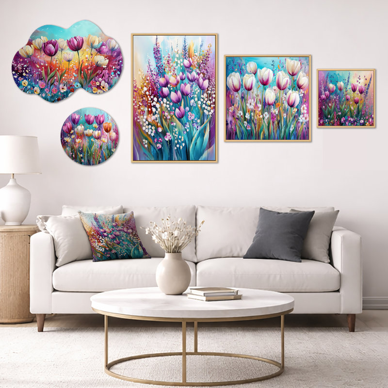 Fantasy Lavender & Tulips Field V – Floral Wall Decor, Metal and Framed Canvas Wall Art Set of 5 (100" x 40")