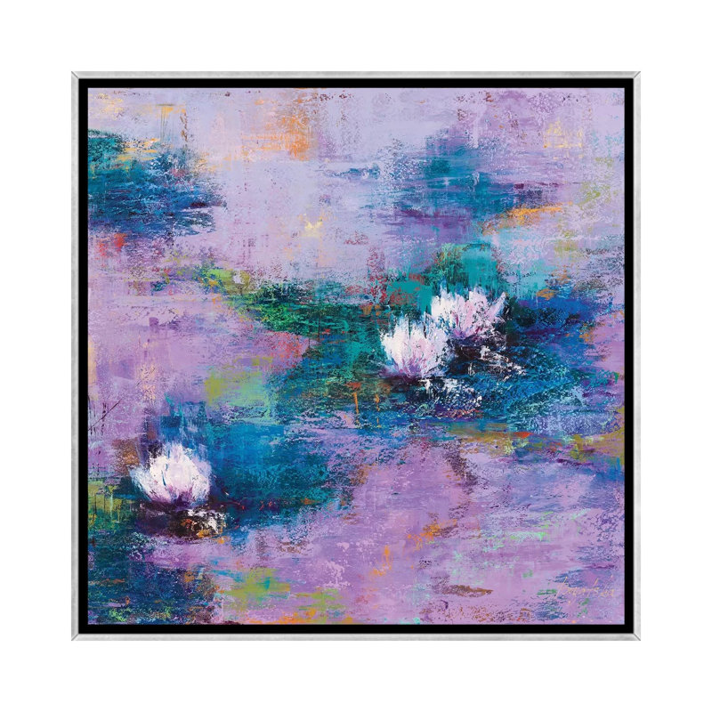 « Purple pond » par Olena-impression de peinture, Pas de tapis, H 18 po x l 18 po x 1,5 po, Toile avec cadre argenté