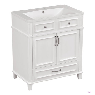 Meuble-lavabo de 30 po avec lavabo en résine, armoire de rangement en bois massif avec portes à fermeture douce, style rétro
