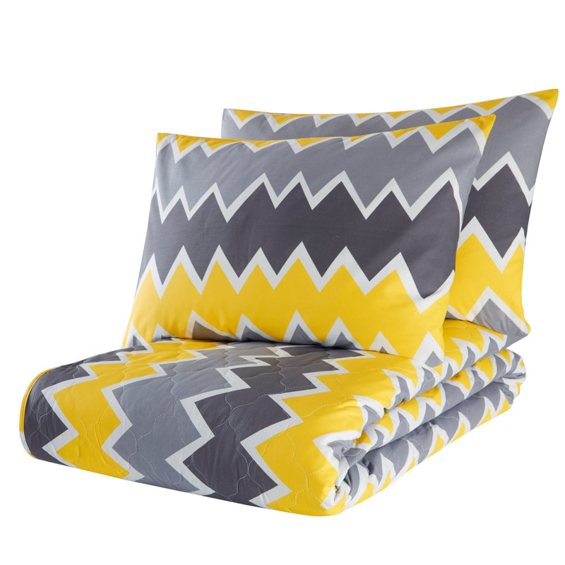 Ensemble de couvre-lit 100% coton jaune / blanc / gris Addre, Couvre-lit 79 po x 98 po