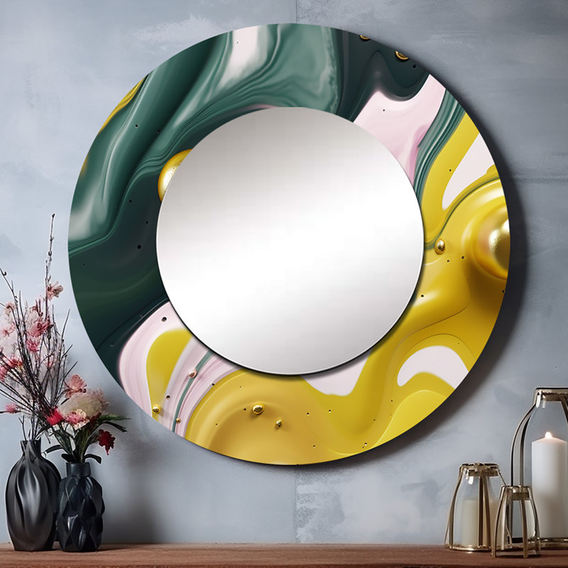 Shoniqua Yellow And Green Fluid Stone II - Marble Decorative Wall Mirror, Yellow Round Mirror, Printed Metal Art, 23" x 23"