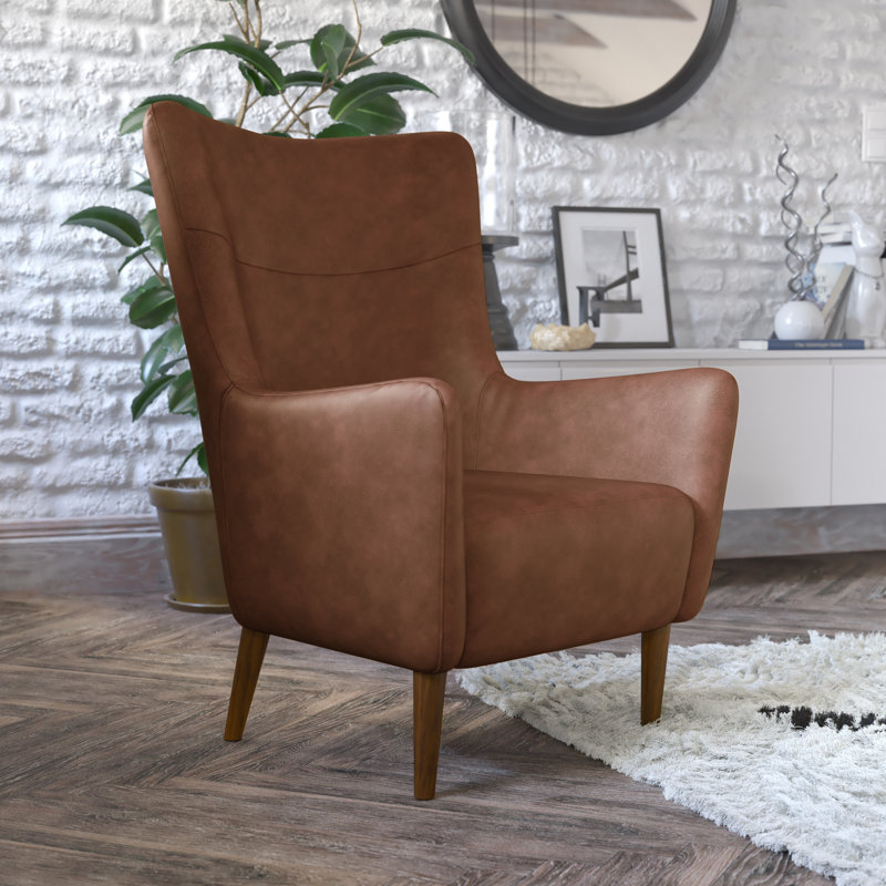 Dark Brown Faux Leather Wingback Accent Chair with Wooden Legs