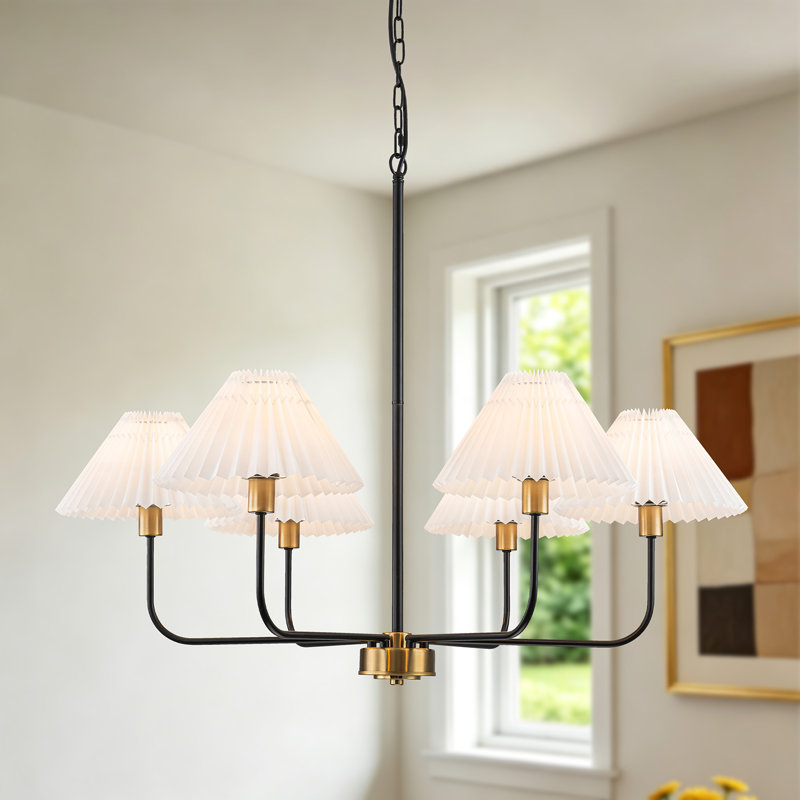 Lustre traditionnel 6 lumières avec abat-jour en tissu plissé, Noir et or
