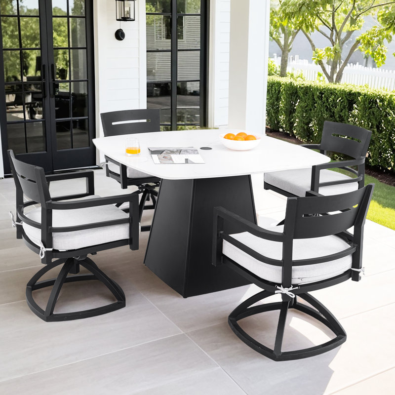 Ensemble repas 5 pièces pour l'extérieur, table en pierre frittée de 44 po et 4 chaises berçantes pivotantes avec patio rembourré, structure en aluminium robuste