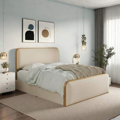 Modern Metal Bed Frame with Upholstered Headboard, Storage Drawers, Queen Size
