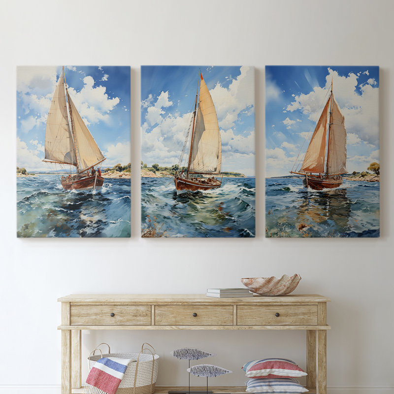 Série Sea and Shore LXVI - Ensemble de 3 toiles tendues avec châssis - Prêt à être accroché, H 36 po x l 24 po
