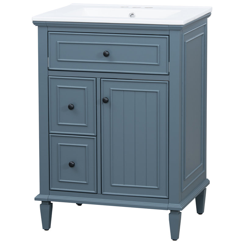 Meuble-lavabo 24 po avec lavabo, meuble-lavabo avec un tiroir rabattable et deux tiroirs, tablette réglable, bois massif et panneau de fibres à densité moyenne
