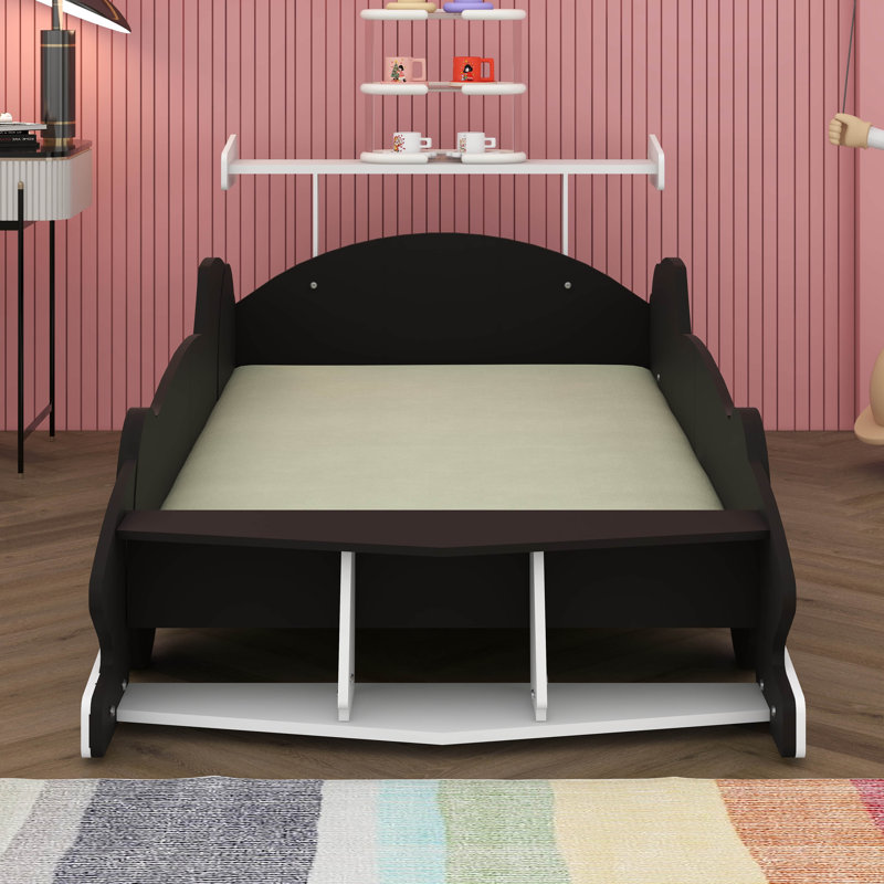 Lit plateforme simple en forme de voiture de course avec roues, cadre de lit de voiture en bois pour enfants, aucun sommier nécessaire