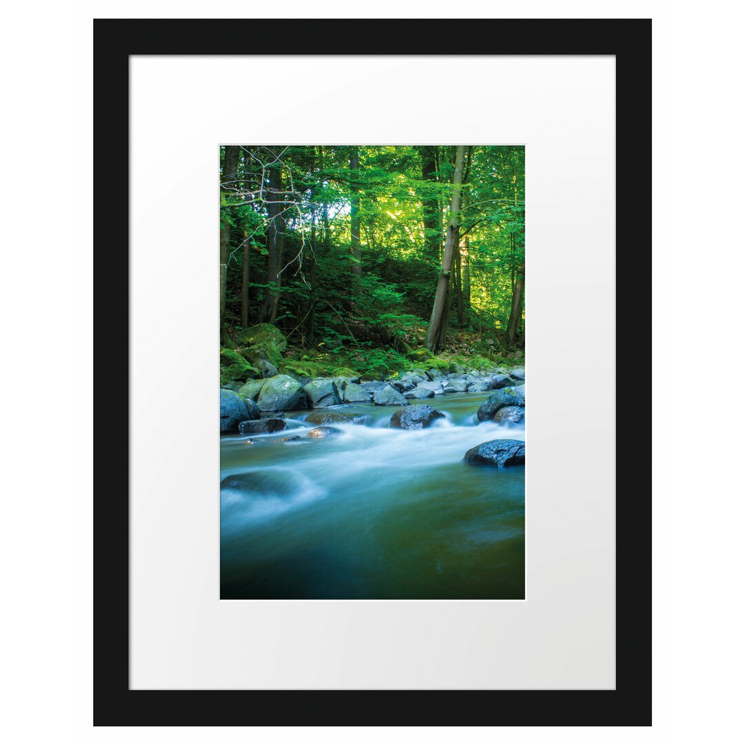 Gerahmtes Poster Fluss im Wald mit Steinen