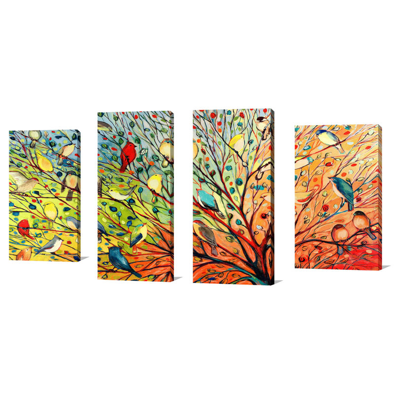 27 oiseaux par Jennifer Lommers - ensemble de 4 reproductions sur toiles tendues, H 38 po x l 72 po x P 1,5 po