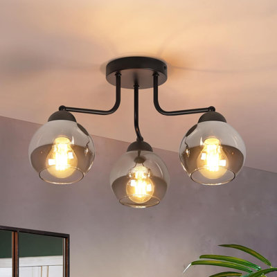 3-Light Black Glass Flush Mount 