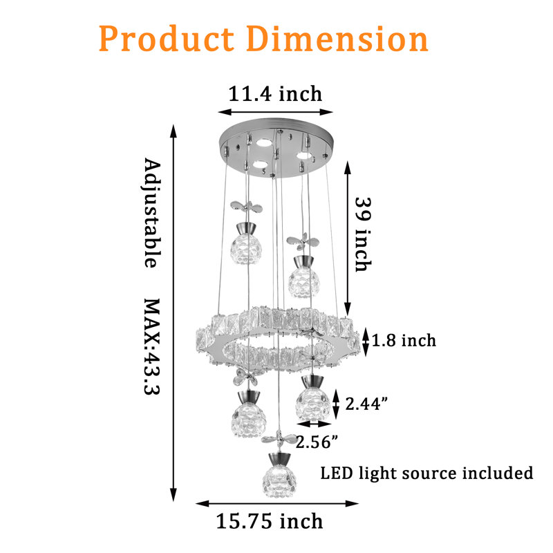 5-Light 39" Adjustable LED Cluster Pendant, Chrome Stainless Steel Crystal Chandelier for Dining Room, Kitchen Island