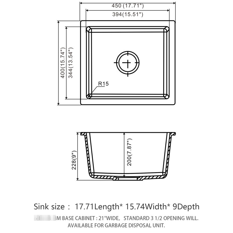 Évier de cuisine encastré noir à quartz 17,26 po x 16,08 po - Composite avancé pour un évier stable, élimine le bruit et la saleté, surfaces de nettoyage non poreuses, conception arrondie, est livré avec une grille de guidage en granit