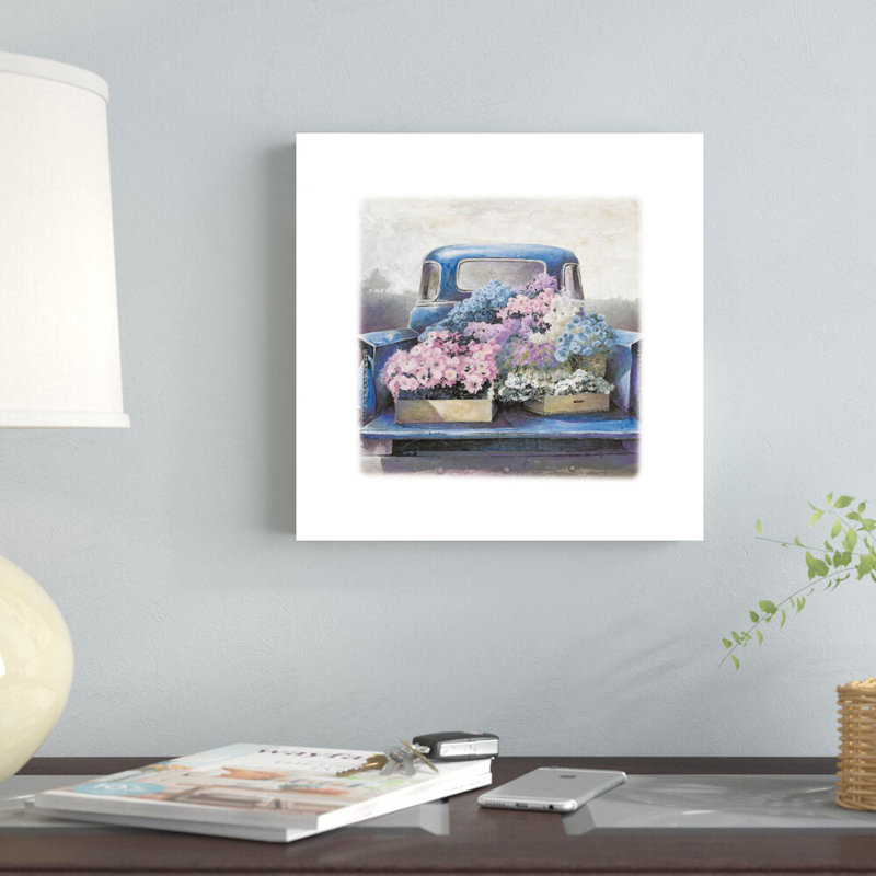 Camion bleu, livraison de fleurs sur toile tendue, H 12 po x l 12 po