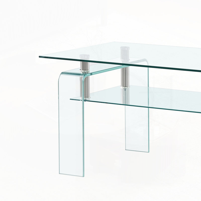 Table basse à 2 niveaux avec rangement en verre trempé, Trempé