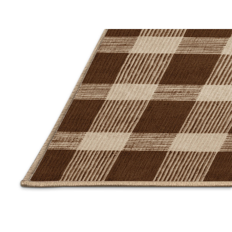 Tapis brun à carreaux lavable à la machine, Rond 3 pi