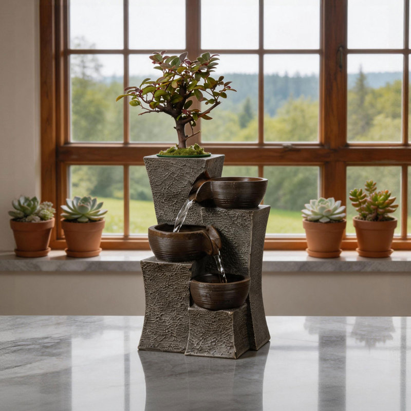 Fontaine d'eau de table en cascade avec jardinière 3 niveaux Fontaine zen intérieure Bureau Décoration d'eau Décoration de bureau