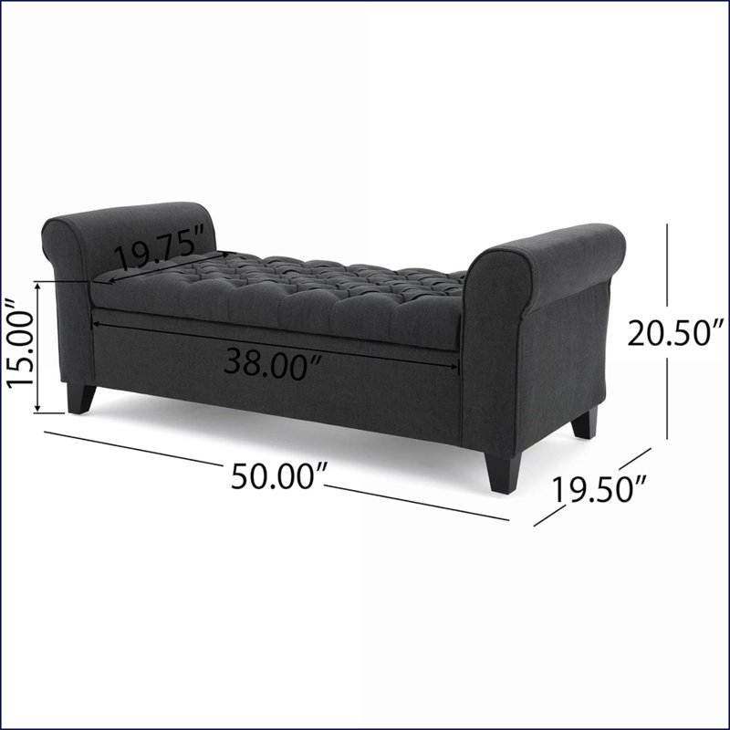 Ottoman Bench with Storage, Contemporary Rolled Arms &amp; Button Tufting | Light Gray | Solid Wood Legs, Gray
