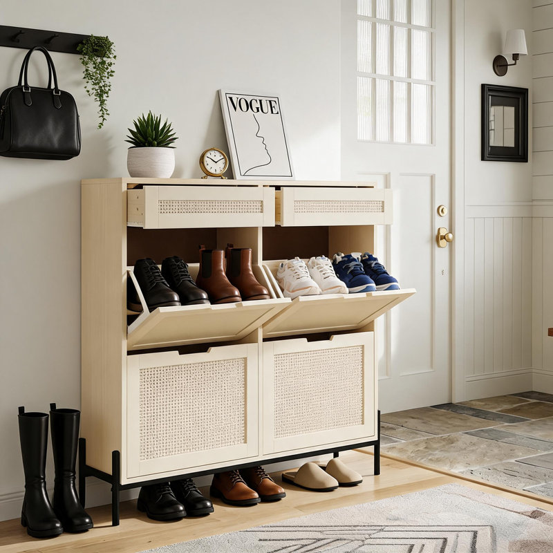 Grande armoire à chaussures en rotin, 4 tiroirs rabattables et 2 rangements, Beige