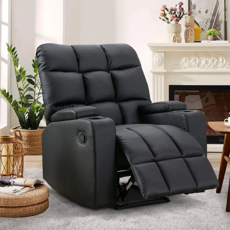 Louisbourg 33.5" Wide Modern Faux Leather Soft Backrest Manual Release Recliner With Massage & Arm Compartment & Hidden Cup Holders