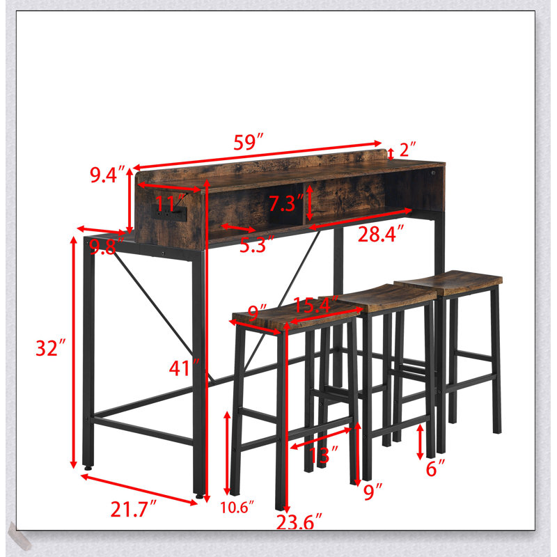 59 Inch Farmhouse Bar Table with Power Socket, LED Light, and 3 Saddle Stools for Versatile Living Spaces