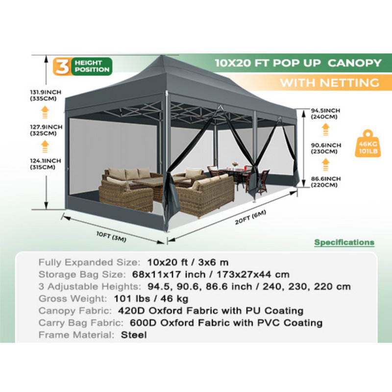 10'Wx20'D Heavy Duty Canopy Tent, Pop up Gazebo with Netting Screened, Gray