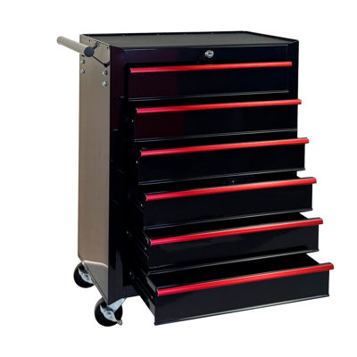 Coffre à outils roulant en métal avec 6 tiroirs, armoire à outils à 6 tiroirs de 20 po avec glissières à roulement à billes, coffre à outils en acier - Noir