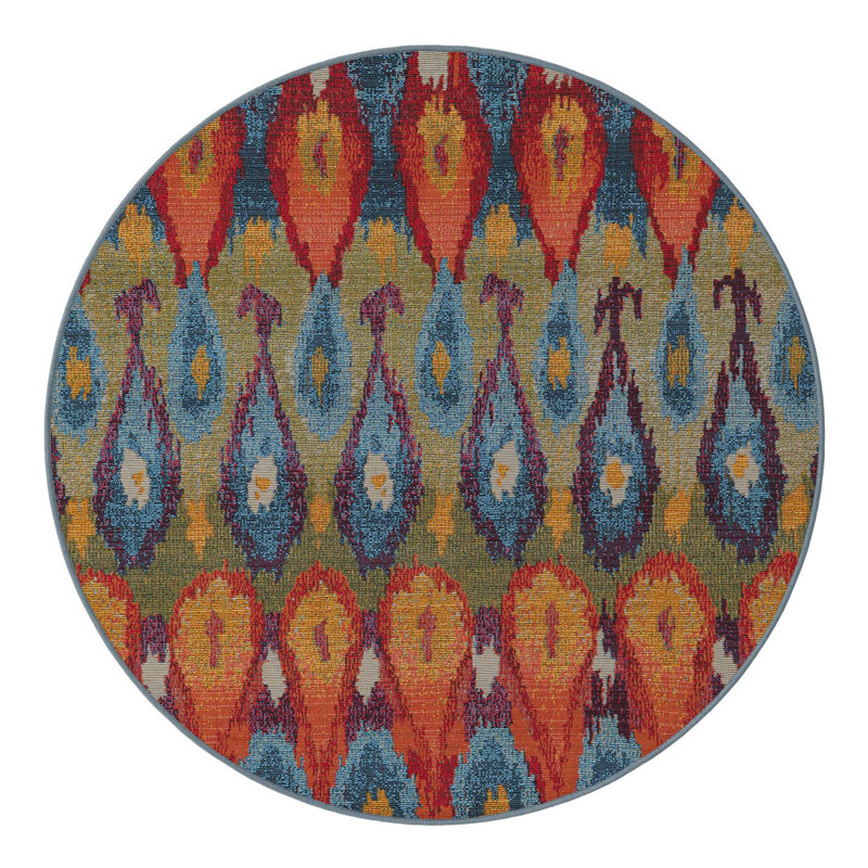 Tapis bleu intérieur / extérieur Newt Ikat, Rond 4 pi 1 po