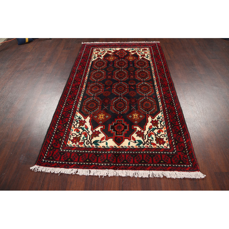 Tapis rouge en laine noué à la main de conception unique 3 pi 10 po x 6 pi 6 po Tomi