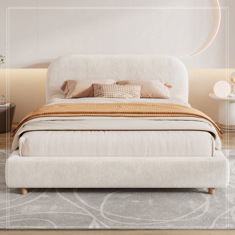 Queen Size Platform Bed with Boucle Fabric, Solid/Manufactured Wood, White