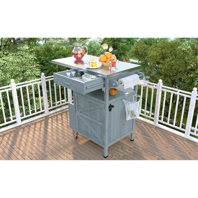 Chariot de barbecue extérieur de 40,5 po avec plateau en acier inoxydable, armoire de rangement d'extérieur en bois massif avec abattant, un tiroir, porte-serviettes, chariot de cuisine roulant avec roues verrouillables pour jardin gazonné, bleu gris
