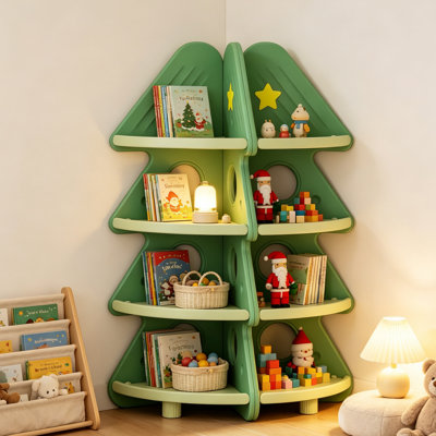 Étagère de coin pour enfants avec 4 niveaux, tablette de rangement en forme de sapin de Noël, bibliothèque pour tout-petits avec barrières de sécurité et système anti-basculement, étagère gain de place idéale pour salle de jeux, chambre, crèche et salle de classe.