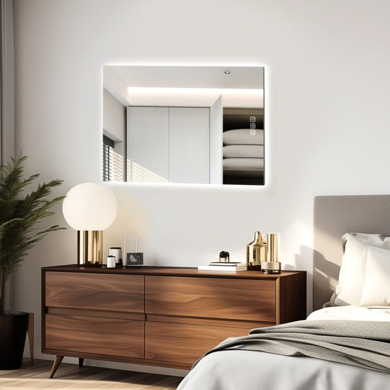 Miroir de salle de bain à DEL 36 po x 28 po: 3 couleurs à intensité variable, 5 minutes, réflexion complète, brouillard, Cri90 +, meuble-lavabo mural 36 po x 28 po à température de 5 couleurs réglable, cadre sablé argenté, eau