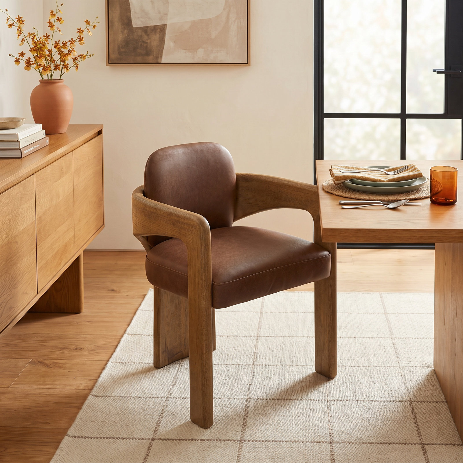 Aideen Genuine Leather Oak Dining Armchair, Palermo Cigar