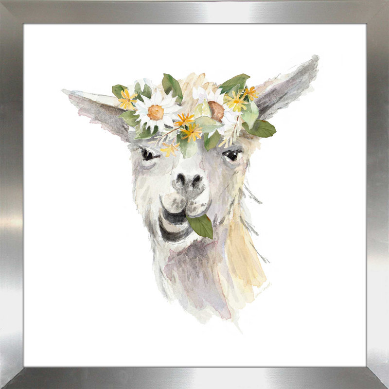 «Floral Llama III», reproduction de peinture à l'aquarelle, H 25,5 po x l 25,5 po x P 1 po, Encadrement argenté